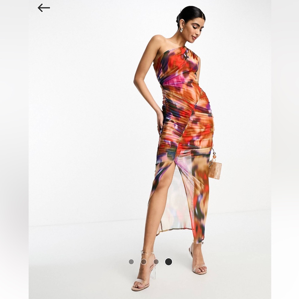 ASOS DESIGN one shoulder ruched midi dress in red smudge print